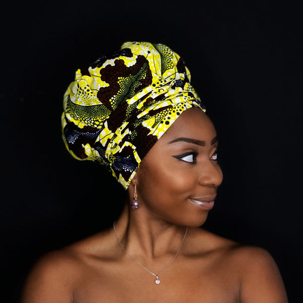 Easy headwrap - Satin lined hair bonnet -  Yellow flower