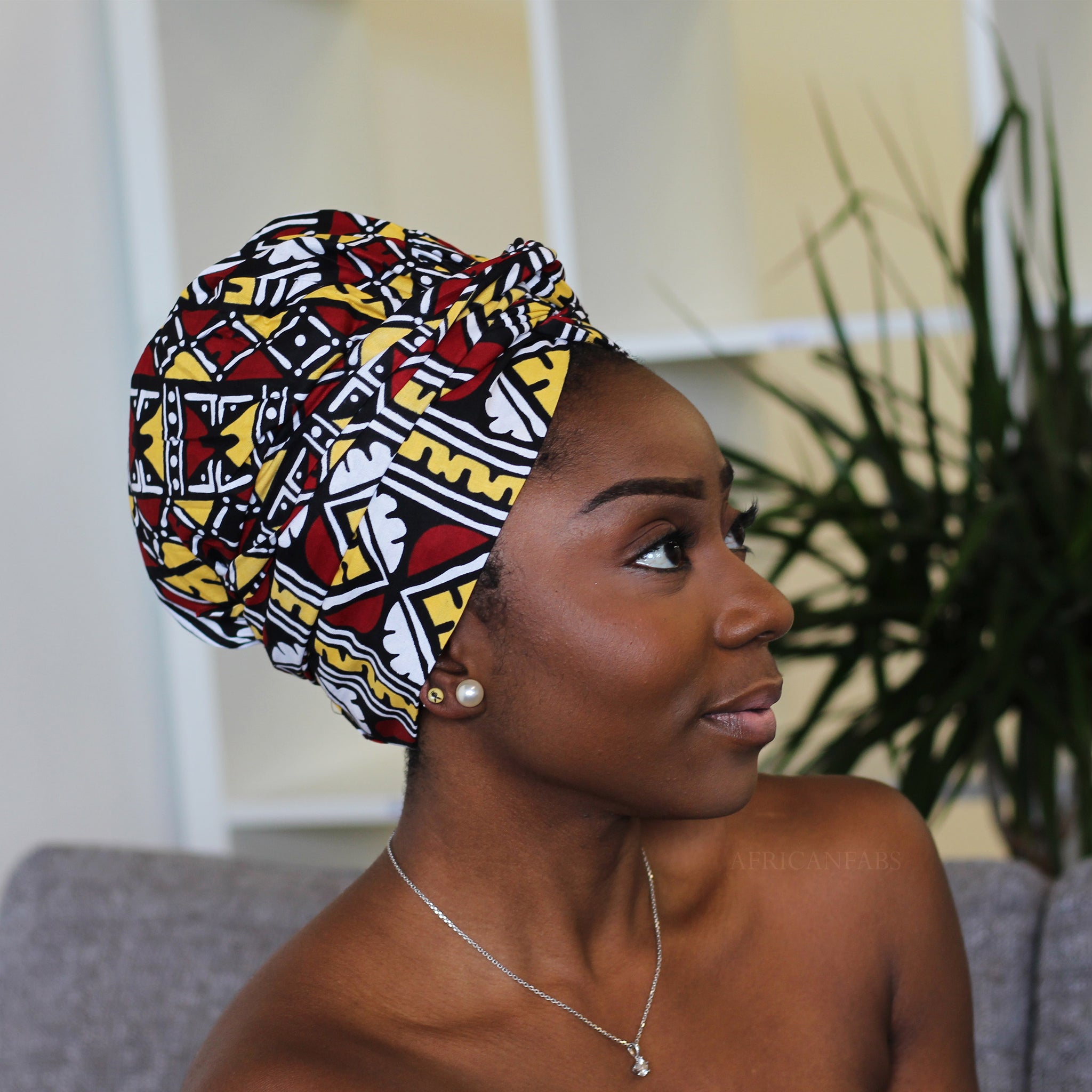 Easy headwrap - Satin lined hair bonnet - Soft yellow / burgundy Ifueko