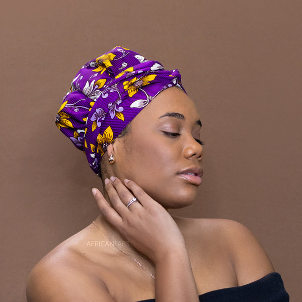 Easy headwrap - Satin lined hair bonnet -  Purple flower