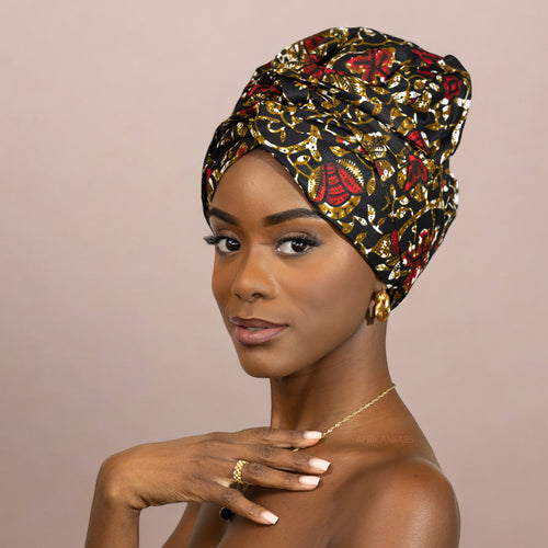 Easy headwrap - Satin lined hair bonnet - Black leaves