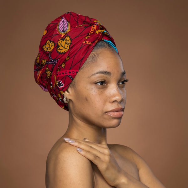 Easy headwrap - Satin lined hair bonnet - Dark Red & Yellow Botanical Flow