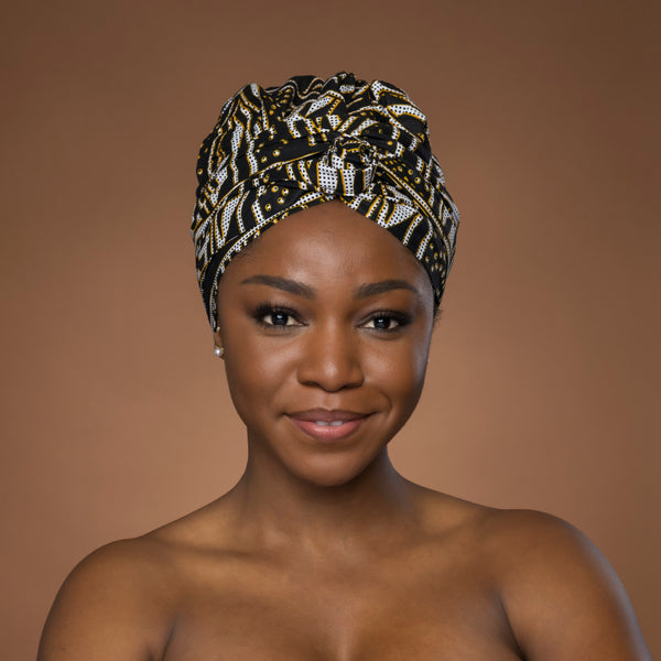 Easy headwrap - Satin lined hair bonnet - Black Yellow Ndop Cameroon