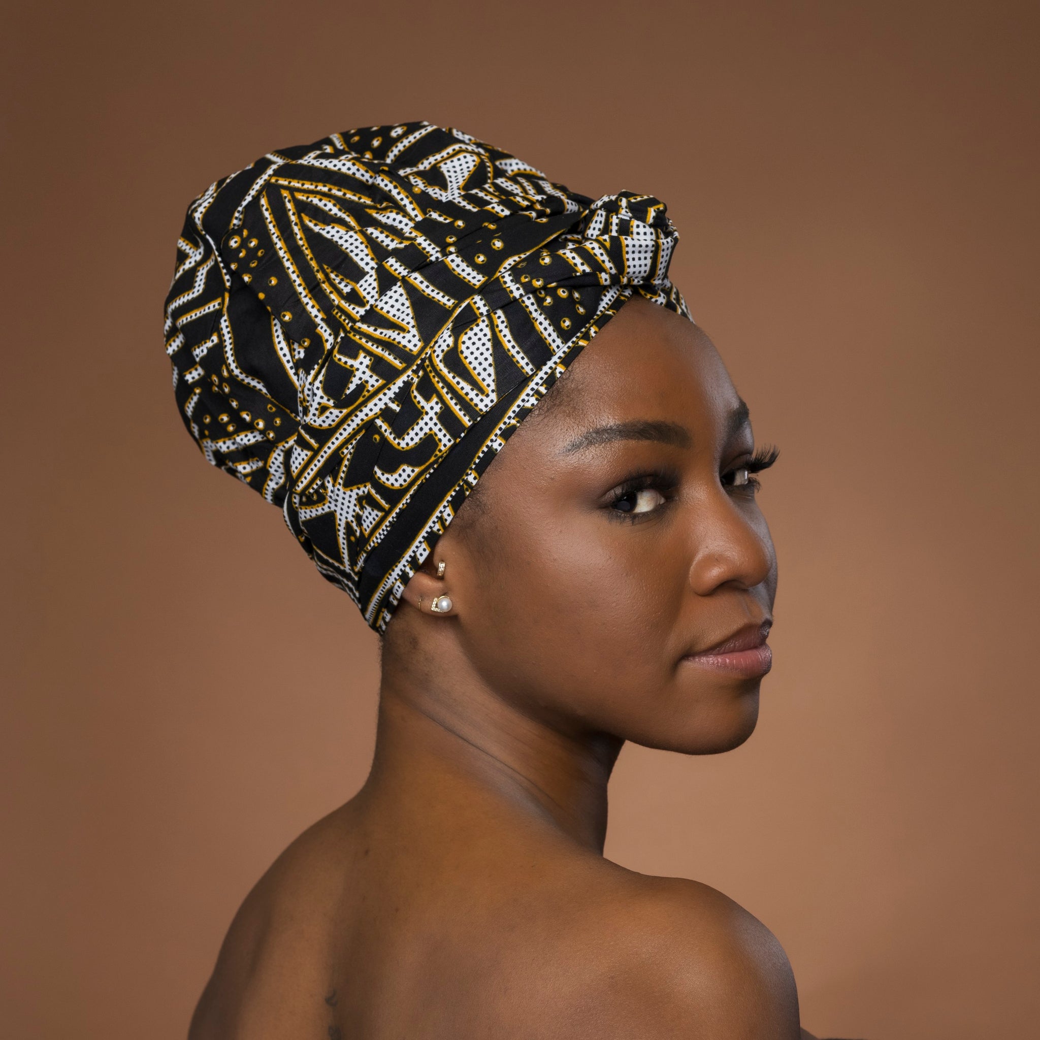 Easy headwrap - Satin lined hair bonnet - Black Yellow Ndop Cameroon