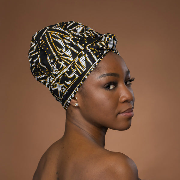 Easy headwrap - Satin lined hair bonnet - Black Yellow Ndop Cameroon
