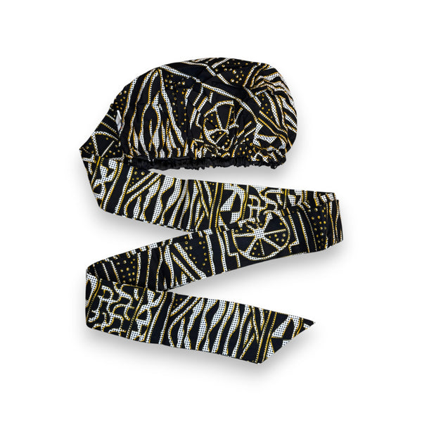 Easy headwrap - Satin lined hair bonnet - Black Yellow Ndop Cameroon