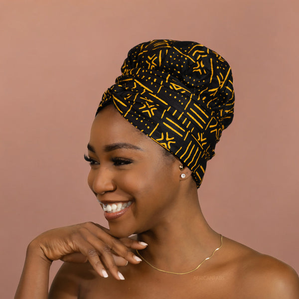 Easy headwrap - Satin lined hair bonnet - Black / yellow Bogolan