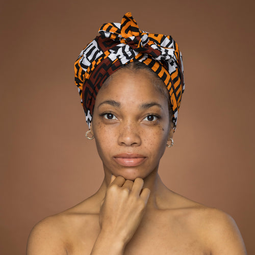 Easy headwrap - Satin lined hair bonnet - Brown & Yellow-Orange Kuba Blocks