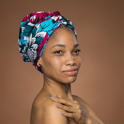 Easy headwrap - Satin lined hair bonnet - Pink & Teal Flowers