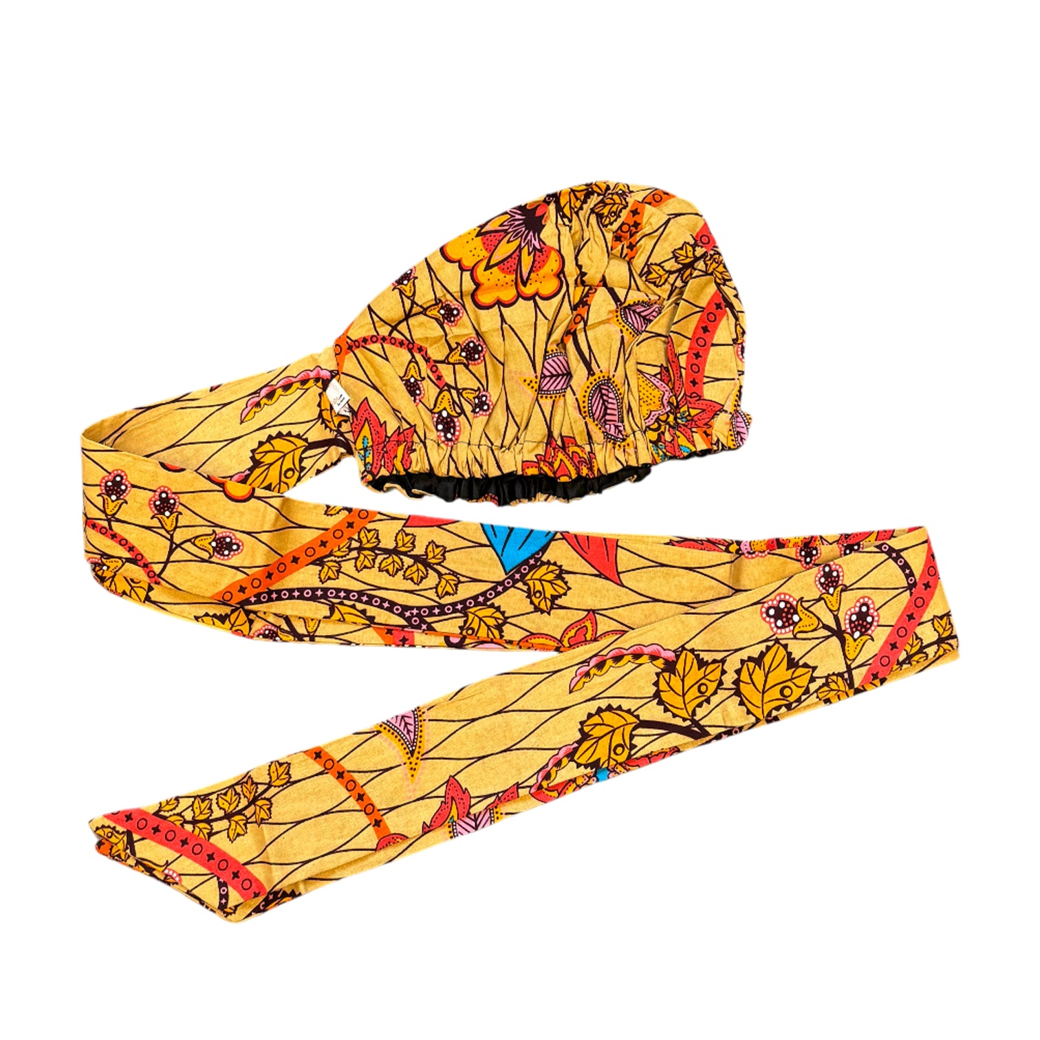 Easy headwrap - Satin lined hair bonnet - Beige & Orange Botanical Flow