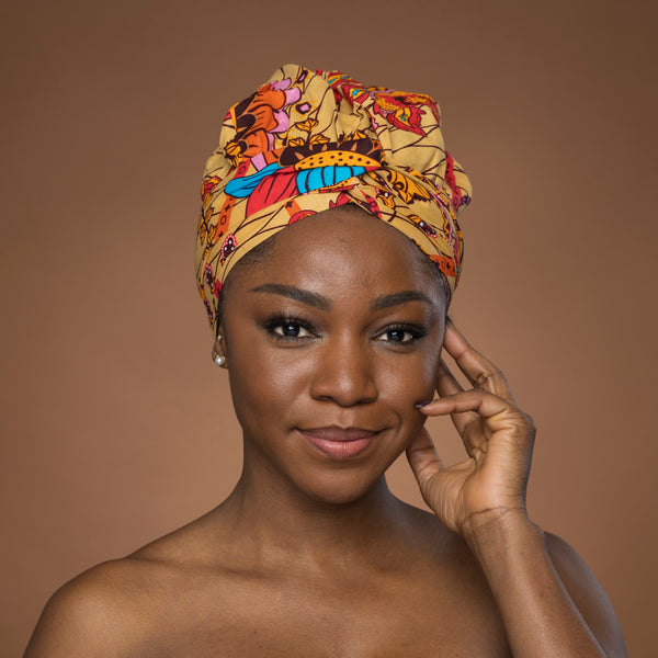 Easy headwrap - Satin lined hair bonnet - Beige & Orange Botanical Flow