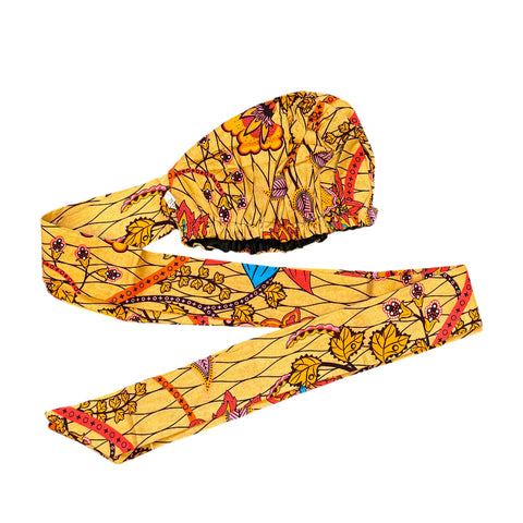 Easy headwrap - Satin lined hair bonnet - Beige & Orange Botanical Flow