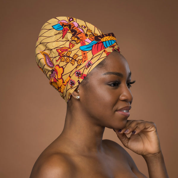 Easy headwrap - Satin lined hair bonnet - Beige & Orange Botanical Flow