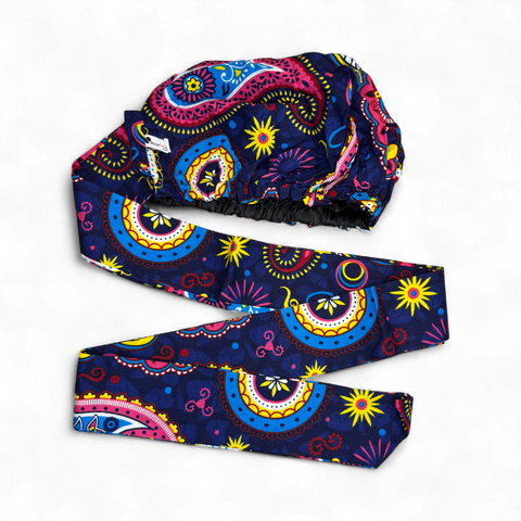 Easy headwrap - Satin lined hair bonnet - Blue Pink Paisley