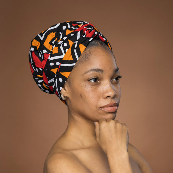 Easy headwrap - Satin lined hair bonnet - Red & Orange Bogolan
