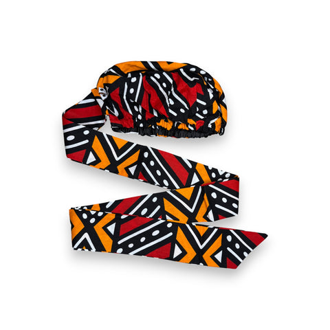 Easy headwrap - Satin lined hair bonnet - Red & Orange Bogolan