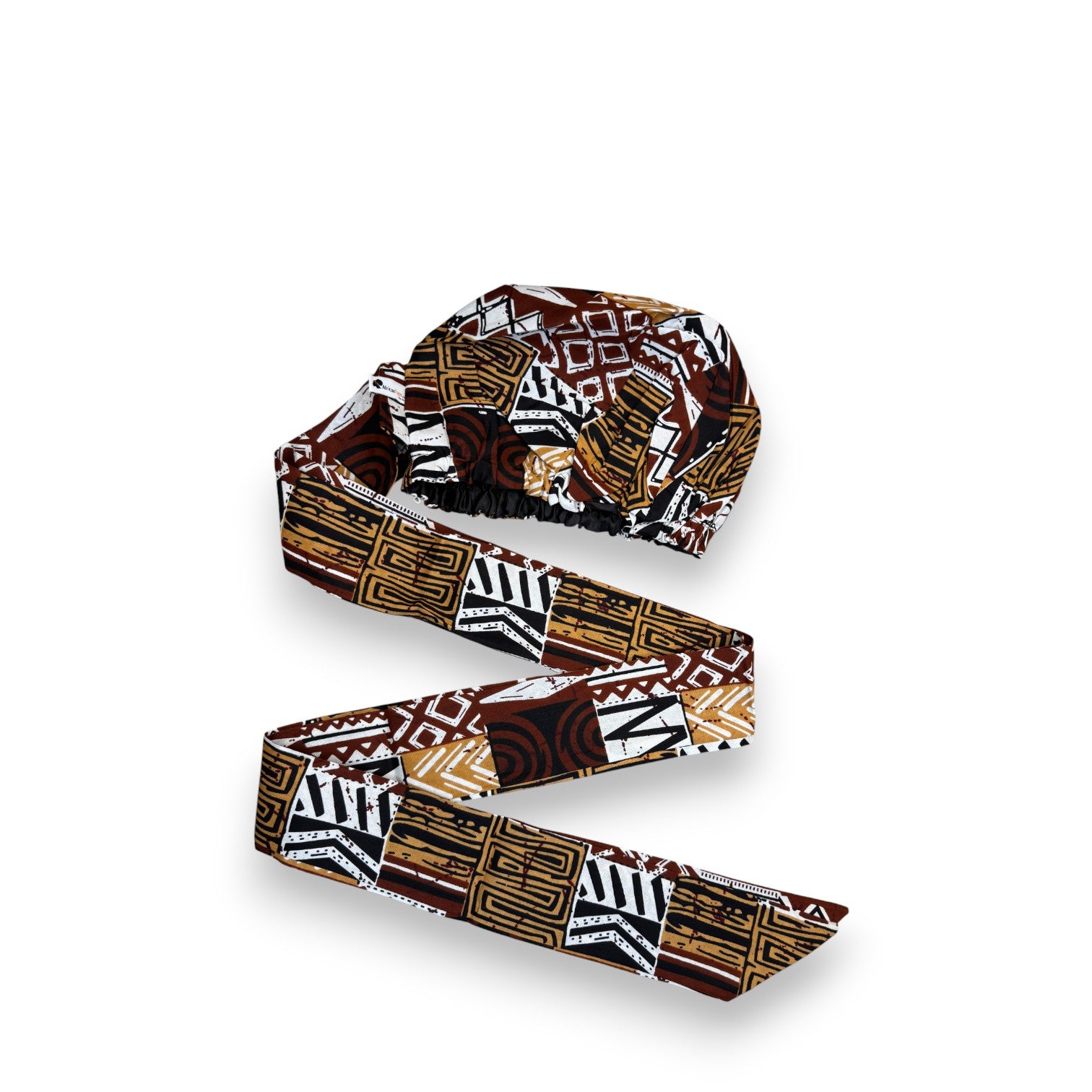 Easy headwrap - Satin lined hair bonnet - Brown Bogolan Mosaic