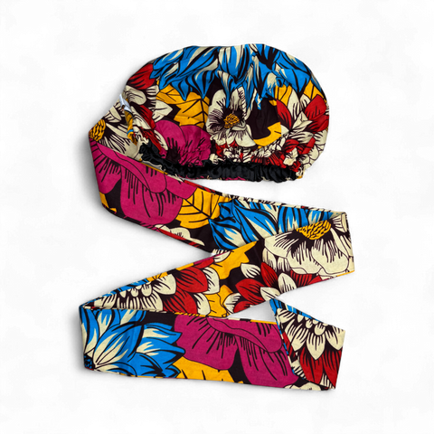Easy headwrap - Satin lined hair bonnet - Red & Blue Flowers