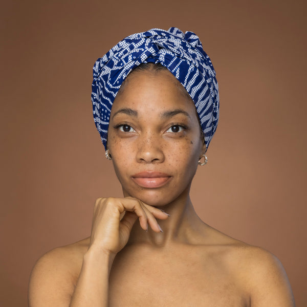 Easy headwrap - Satin lined hair bonnet - Blue Ndop Cameroon