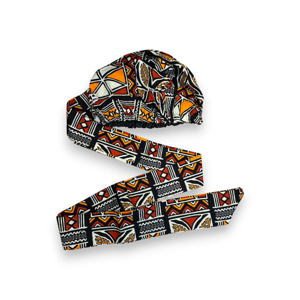 Easy headwrap - Satin lined hair bonnet -  Red & Orange Bogolan Symbols