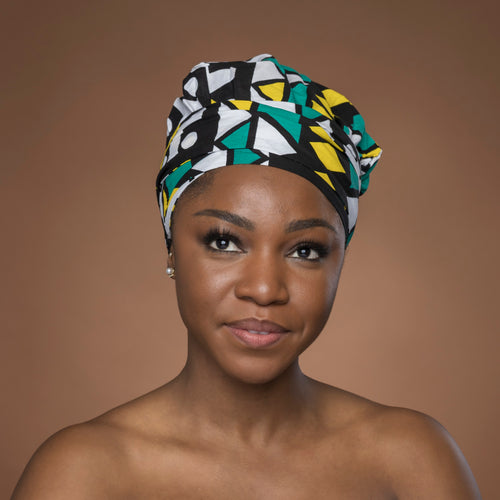 Easy headwrap - Satin lined hair bonnet - Turquoise Yellow Samakaka / Samacaca