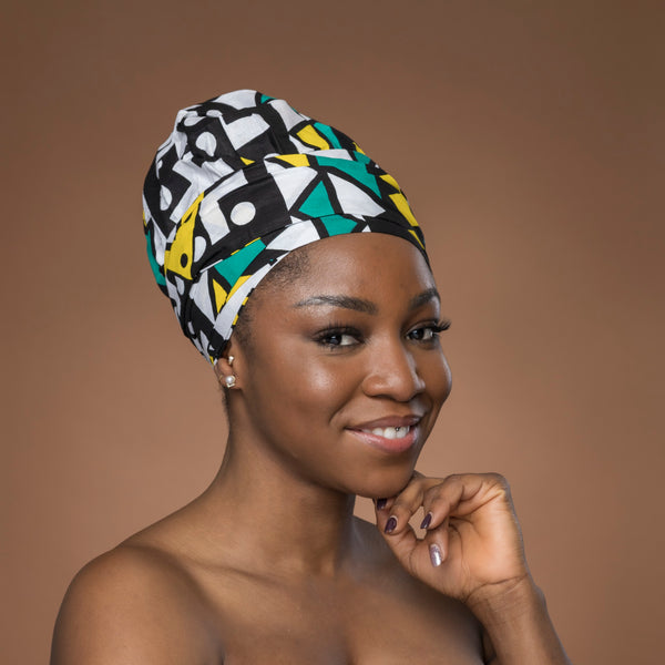 Easy headwrap - Satin lined hair bonnet - Turquoise Yellow Samakaka / Samacaca