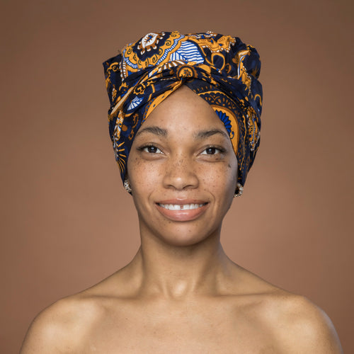 Easy headwrap - Satin lined hair bonnet - Blue Yellow Paisley