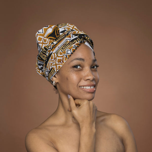 Easy headwrap - Satin lined hair bonnet - Khaki Bogolan Mosaic