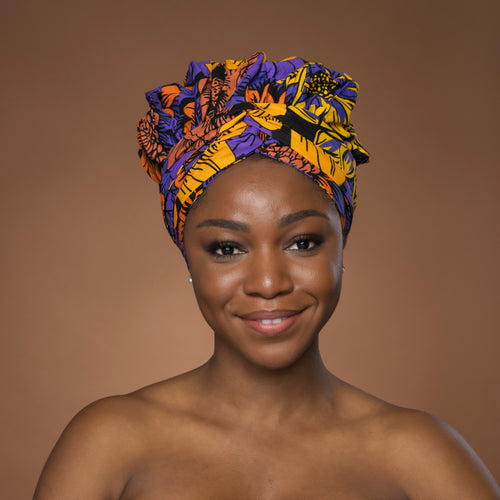 Easy headwrap - Satin lined hair bonnet - Yellow & Purple Flowers