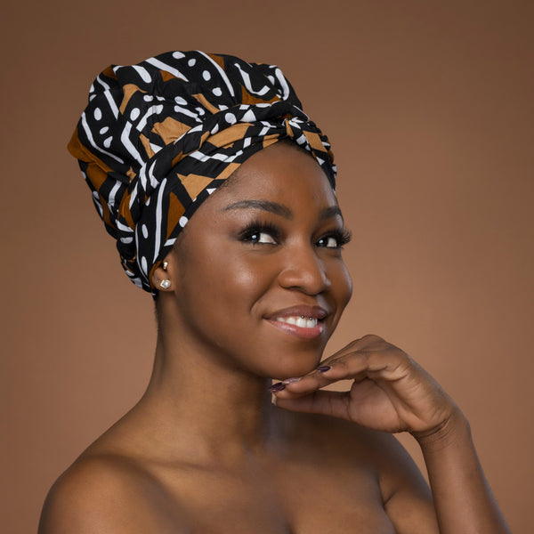 Easy headwrap - Satin lined hair bonnet - Brown & Beige Bogolan