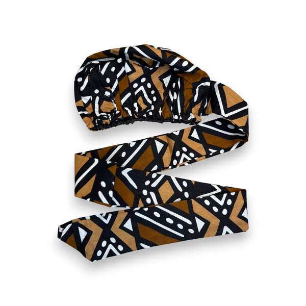Easy headwrap - Satin lined hair bonnet - Brown & Beige Bogolan