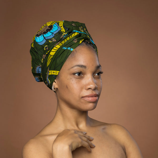 Easy headwrap - Satin lined hair bonnet - Green Botanical Flow