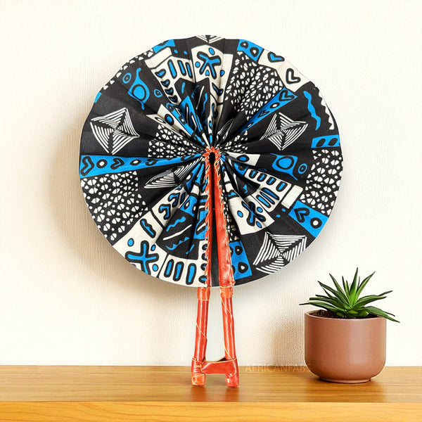 African Hand fan - Ankara print Hand fan - Adwoa - Blue