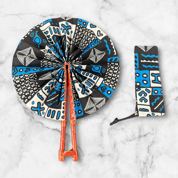 African Hand fan - Ankara print Hand fan - Adwoa - Blue