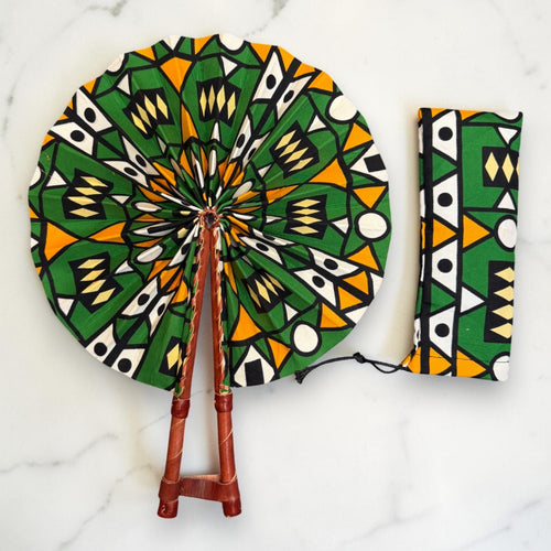 African Hand fan - Ankara print Hand fan - Green Black Abena