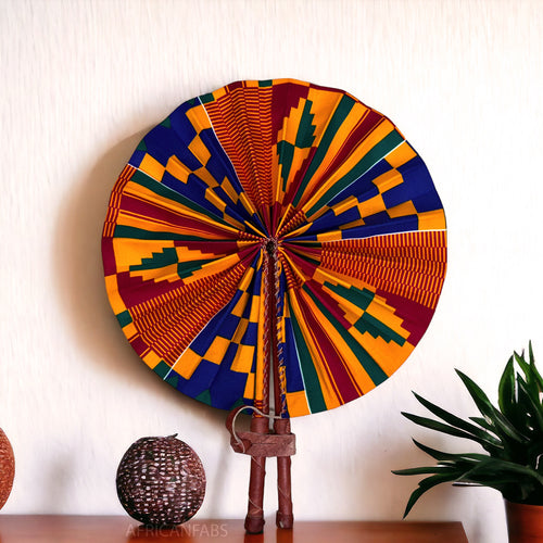African Hand fan - Ankara print Hand fan - Afua - Blue / orange kente