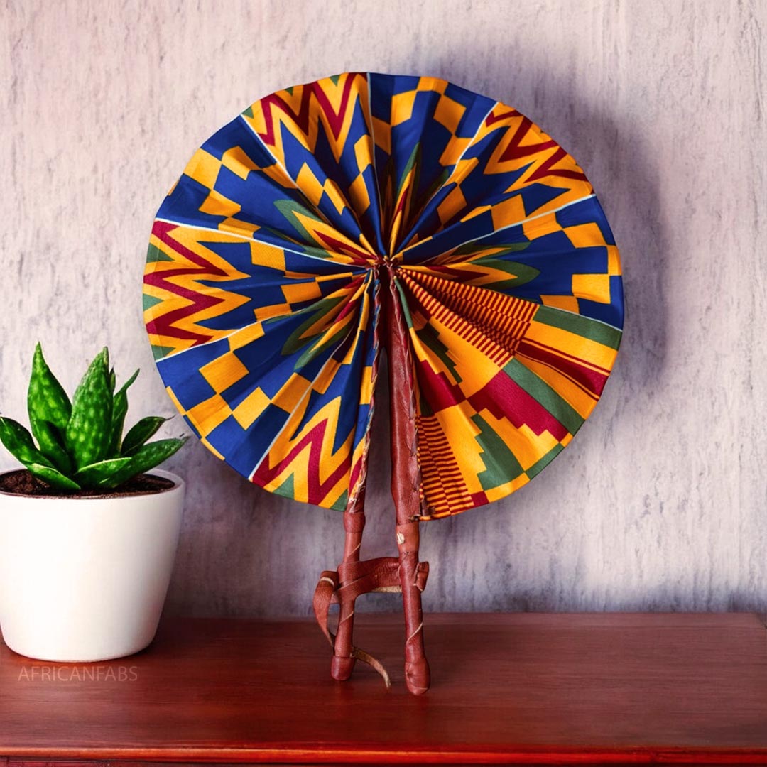 African Hand fan - Ankara print Hand fan - kente blue