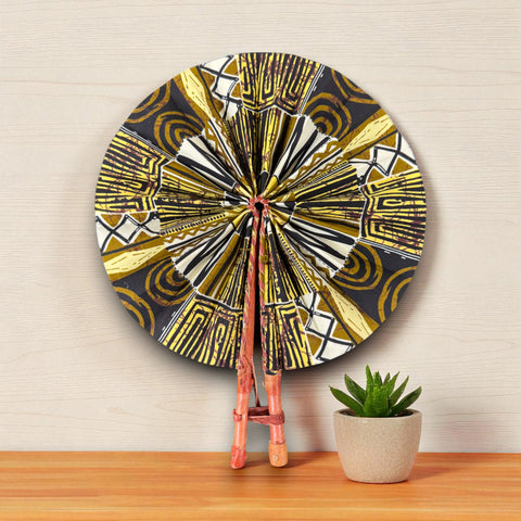 African Hand fan - Ankara print Hand fan - Yao - Yellow Bogolan