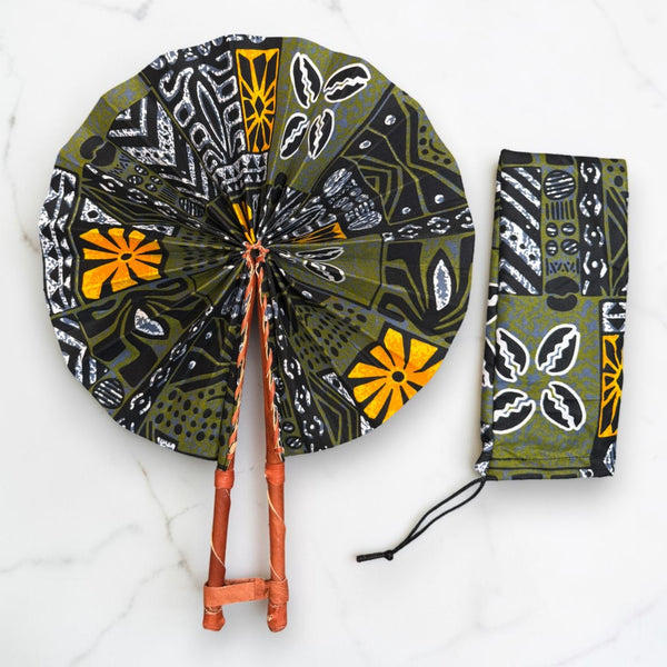 African Hand fan - Ankara print Hand fan - Olive Mustard Agyeman