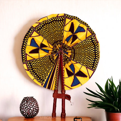 African Hand fan - Ankara print Hand fan - Kwadwo - Yellow kente