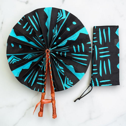 African Hand fan - Ankara print Hand fan - Black Turquoise Nyamekye