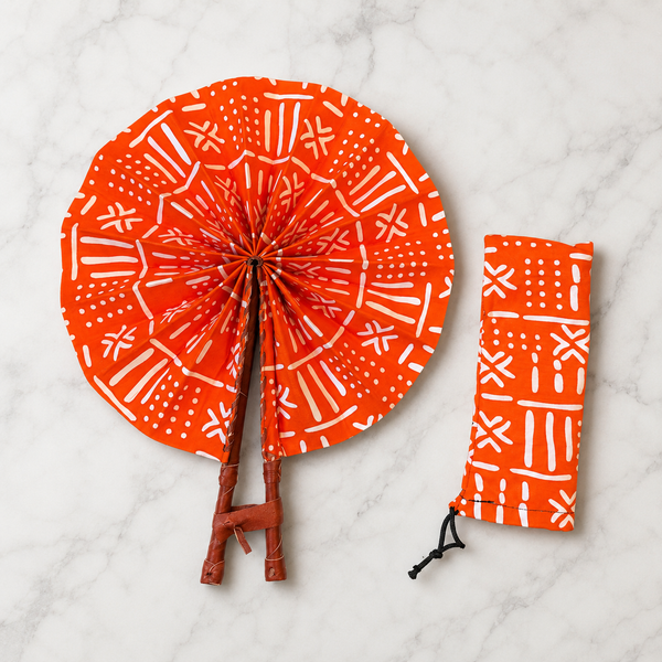 African Hand fan - Ankara print Hand fan - Kwadwo- Orange