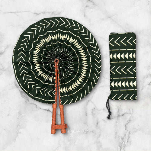 African Hand fan - Ankara print Hand fan - Green Cream Kwabena