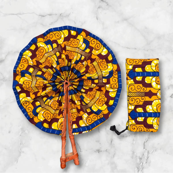 African Hand fan - Ankara print Hand fan - Yellow Blue Adeola