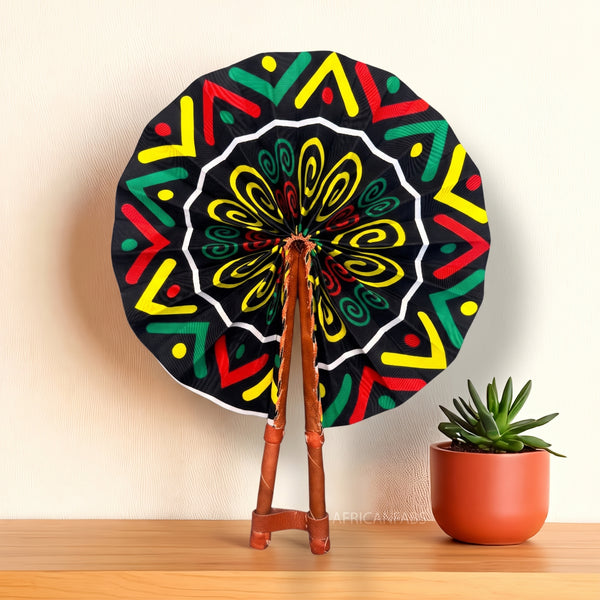 African Hand fan - Ankara print Hand fan - Black Yellow Aderonke