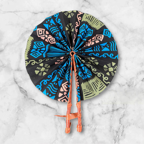 African Hand fan - Ankara print Hand fan - Monday - Blue
