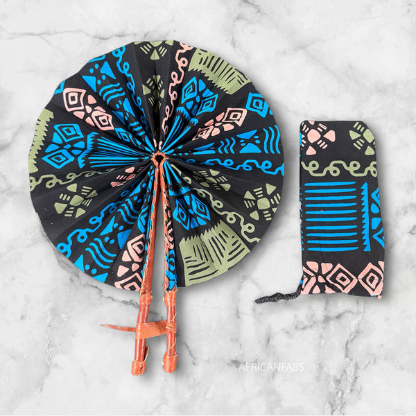 African Hand fan - Ankara print Hand fan - Monday - Blue