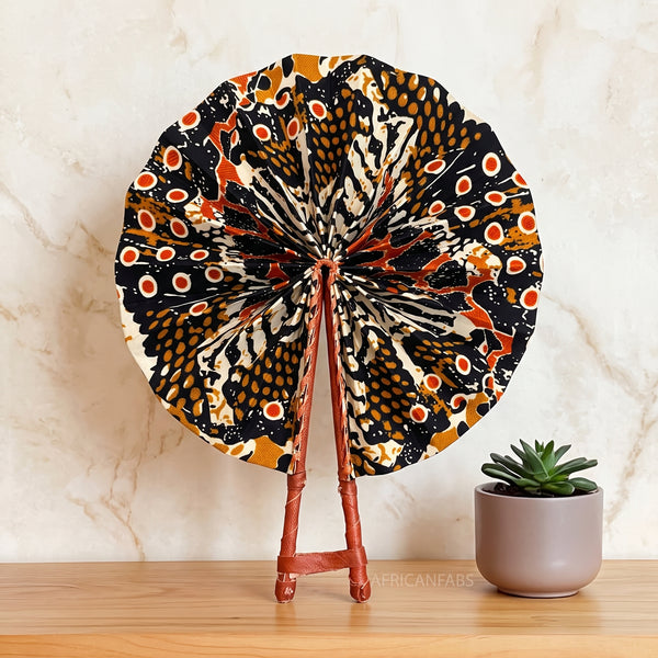 African Hand fan - Ankara print Hand fan - Black Cream Bukola