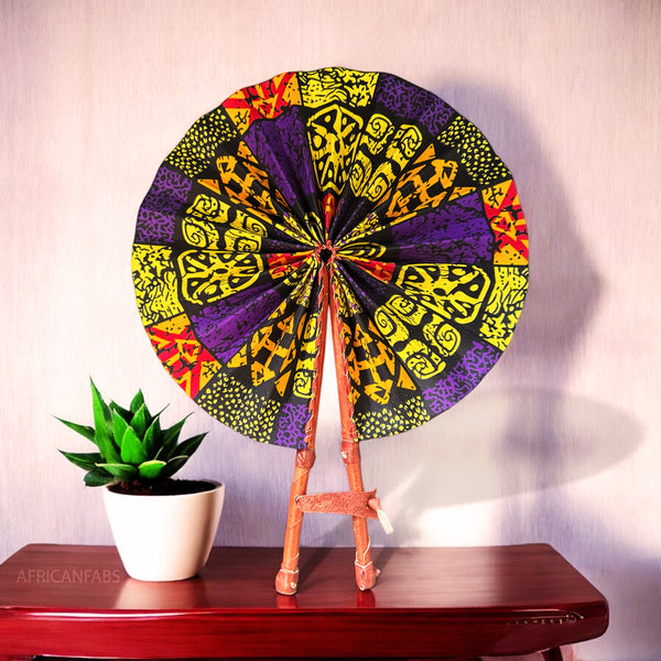 African Hand fan - Ankara print Hand fan - Kwame - Purple / yellow