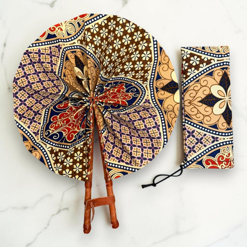 African Hand fan - Ankara print Hand fan - Beige Red Kyeremeh