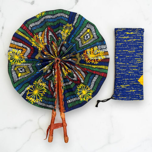 African Hand fan - Ankara print Hand fan - Blue Yellow Boakye